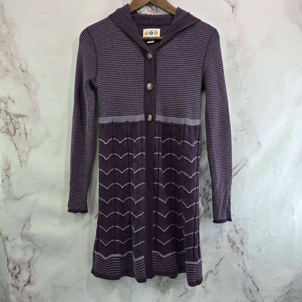 Title Nine Sweater Womens XS Purple Wool Long Hooded Cardigan Open Striped